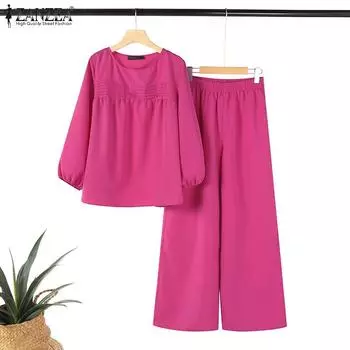 ZANZEA Женская блузка с рукавом 3/4 и широкие брюки, повседневный комплект из двух предметов S бежевый