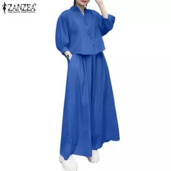 ZANZEA Женская блузка с рукавом 3/4 и широкие брюки, повседневный комплект из двух предметов розовый