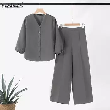 ZANZEA Женская блузка с рукавом 3/4 и брюки повседневные комплекты из двух предметов S хаки