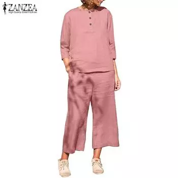 ZANZEA Женская блузка с рукавом 3/4 и брюки повседневные комплекты из двух предметов S коричневый