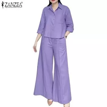 ZANZEA Женская блузка с рукавом 3/4 и широкие брюки, повседневный комплект из двух предметов 2XL бежевый