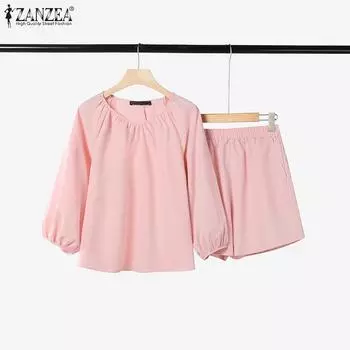 ZANZEA Женская блузка с рукавом 3/4 и шорты Повседневный комплект из двух предметов S белый