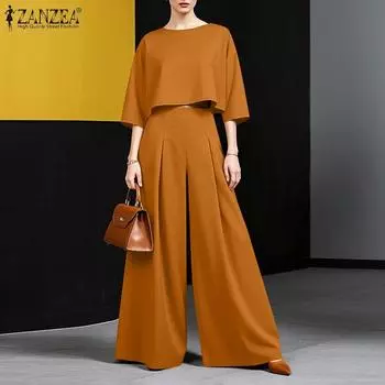 ZANZEA Женская блузка с рукавом 3/4 и широкие брюки, повседневный комплект из двух предметов S оранжевый