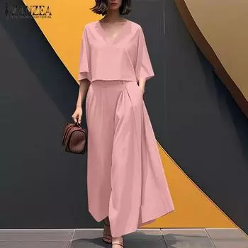 ZANZEA Женская блузка с рукавом 3/4 и широкие брюки, повседневный комплект из двух предметов 3XL темно-синий