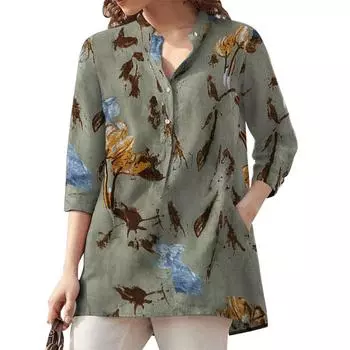 ZANZEA женская блузка с v-образным вырезом и рукавами 3/4, летние хлопковые рубашки с цветочным принтом в стиле ретро L серый