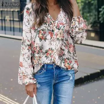 ZANZEA Женская блузка с v-образным вырезом и длинным рукавом, топы, весенне-летние модные рубашки с цветочным принтом L белый
