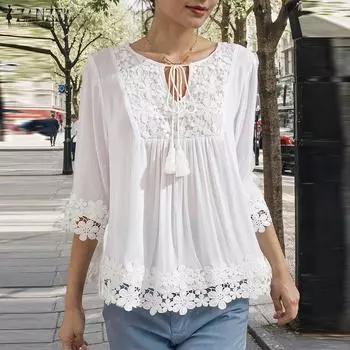 ZANZEA Женская блузка с V-образным вырезом и рукавом 3/4 из кружева в стиле пэчворк S белый