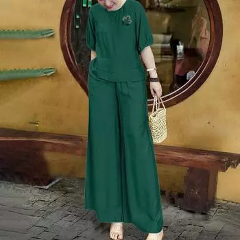 ZANZEA Женская блузка с вышивкой и брюки Повседневные ретро комплекты из двух предметов 3XL зелёный