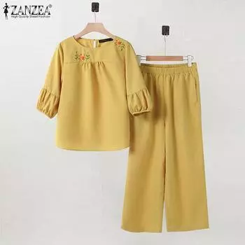 ZANZEA Женская блузка с вышивкой и брюки повседневные комплекты из двух предметов