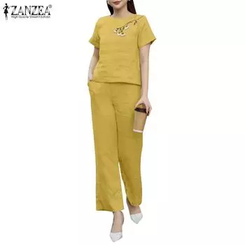 ZANZEA Женская блузка с вышивкой и брюки повседневные комплекты из двух предметов 4XL жёлтый