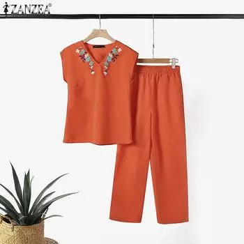 ZANZEA Женская блузка с вышивкой и брюки повседневные комплекты из двух предметов 5XL жёлтый