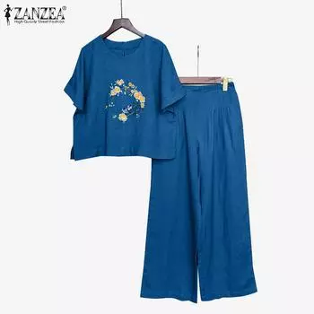 ZANZEA Женская блузка с вышивкой и брюки повседневные комплекты из двух предметов