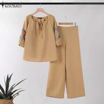 ZANZEA Женская блузка с вышивкой и брюки повседневные комплекты из двух предметов S чёрный