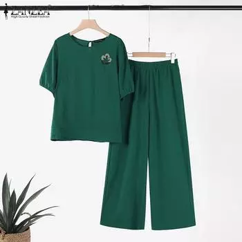 ZANZEA Женская блузка с вышивкой и брюки повседневные комплекты из двух предметов S зелёный