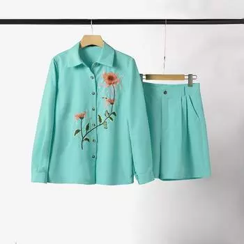 ZANZEA Женская блузка с вышивкой и шорты повседневные комплекты из двух предметов S чёрный