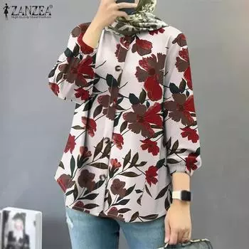 ZANZEA Женская блузка свободного кроя с круглым вырезом и длинным рукавом с принтом 2XL чёрный