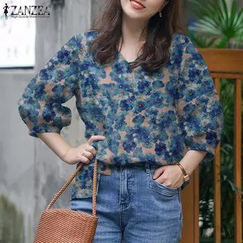 ZANZEA Женская блузка свободного кроя с V-образным вырезом и рукавом 3/4 с цветочным принтом S красный