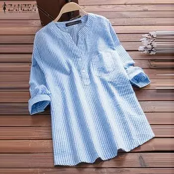 ZANZEA Женская блузка свободного покроя с длинным рукавом и V-образным вырезом в полоску на пуговицах M чёрный