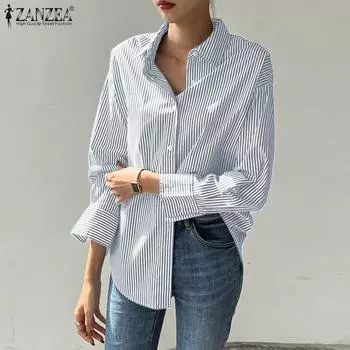 ZANZEA Женская блузка в полоску с отложным воротником и длинными рукавами XL темно-синий