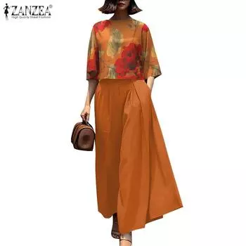 ZANZEA Женская цветочная блузка и широкие брюки, повседневный комплект из двух предметов S бежевый