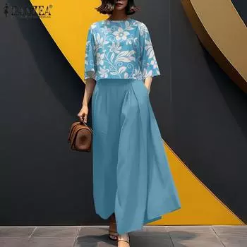ZANZEA Женская цветочная блузка и широкие брюки, повседневный комплект из двух предметов S синий