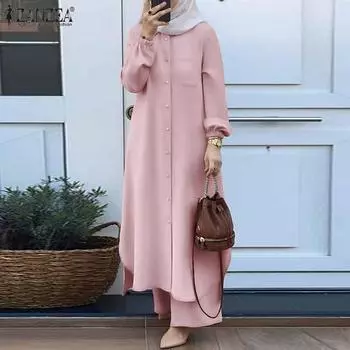 ZANZEA Женская длинная блузка и брюки мусульманский повседневный комплект из двух частей M чёрный