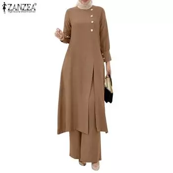 ZANZEA Женская длинная блузка и брюки, свободные осенние наряды из двух предметов S темно-синий