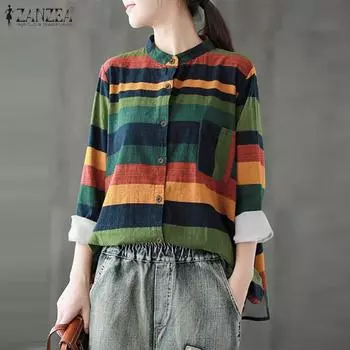 ZANZEA Женская блузка с воротником-стойкой и длинными рукавами в цветную полоску S фиолетовый