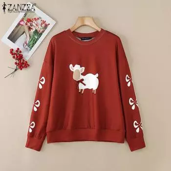 ZANZEA Женская футболка с круглым вырезом и принтом, с длинным рукавом, весенняя S красный