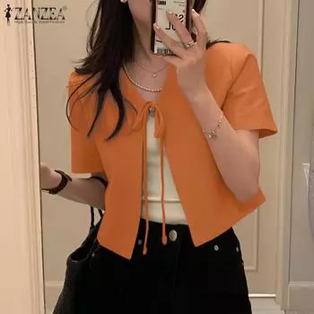 ZANZEA Женская корейская повседневная блузка с короткими рукавами и шнуровкой спереди 3XL белый