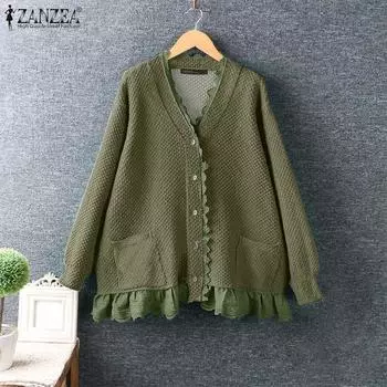 ZANZEA Женская кружевная блузка-кардиган с V-образным вырезом и длинными рукавами S зелёный