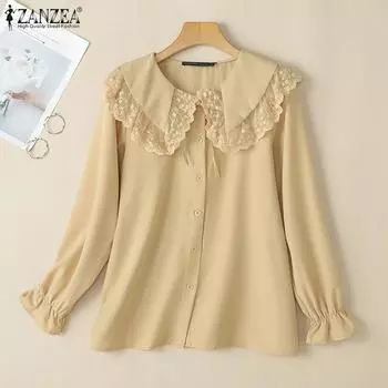 ZANZEA Женская кружевная блузка с длинным рукавом и воротником-стойкой S белый
