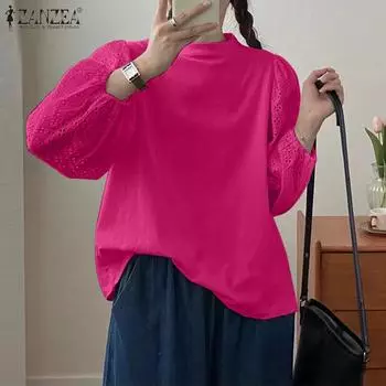 ZANZEA Женская кружевная блузка с длинным рукавом в стиле пэчворк с вязанным крючком узором S чёрный