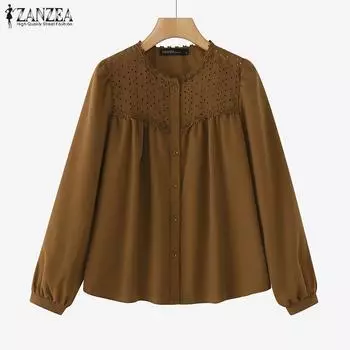 ZANZEA Женская кружевная блузка с длинным рукавом в стиле пэчворк с вязанным крючком узором S бежевый