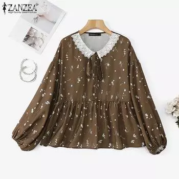 ZANZEA Женская кружевная блузка с длинным рукавом и цветочным принтом, воротник-стойка S синий