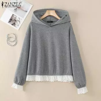 ZANZEA Женская кружевная блузка с капюшоном и вязанным крючком лоскутным узором с длинным рукавом S серый