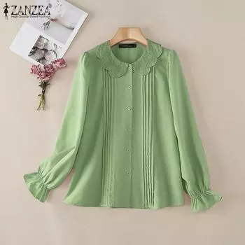 ZANZEA Женская кружевная блузка с круглым вырезом и длинным рукавом, связанная крючком S белый