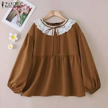 ZANZEA Женская кружевная блузка с круглым вырезом и длинным рукавом S коричневый