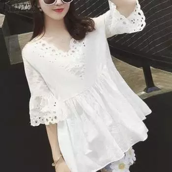 ZANZEA Женская кружевная блузка с V-образным вырезом и рукавом 3/4 S белый