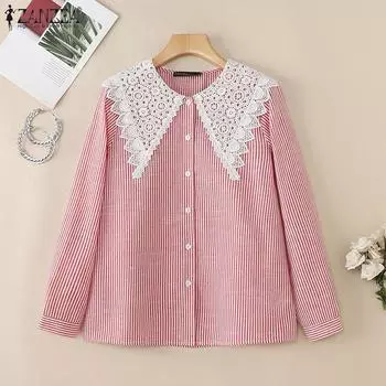 ZANZEA Женская кружевная блузка в полоску с круглым вырезом и длинным рукавом S чёрный