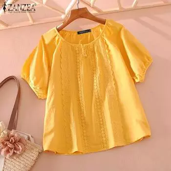 ZANZEA Женская кружевная лоскутная повседневная блузка с круглым вырезом и коротким рукавом S белый