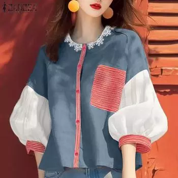 ZANZEA Женская кружевная повседневная блузка с круглым вырезом и коротким рукавом в стиле пэчворк S синий