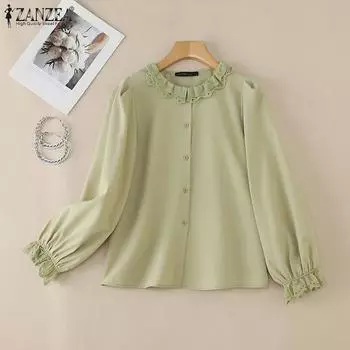 ZANZEA Женская кружевная сращивающаяся круглая горловина с длинным рукавом Повседневная блузка S белый