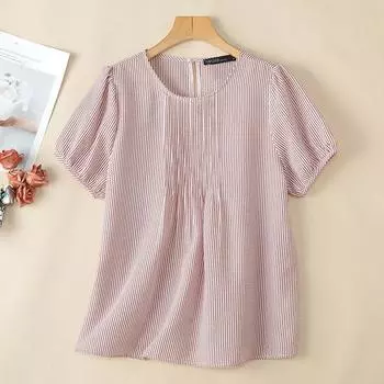 ZANZEA Женская летняя блузка с круглым вырезом и короткими рукавами, повседневная полосатая S розовый