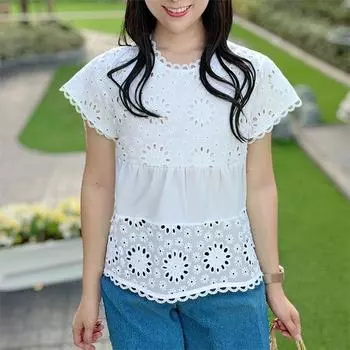 ZANZEA Женская летняя блузка с круглым вырезом, коротким рукавом и ажурной отделкой S