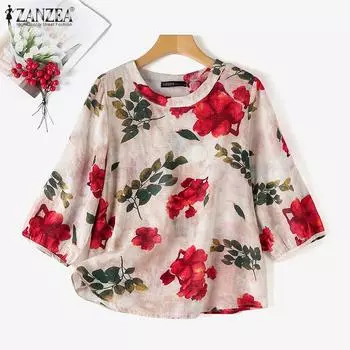 ZANZEA Женская летняя блузка с круглым вырезом и рукавами 3/4 с цветочным принтом S красный