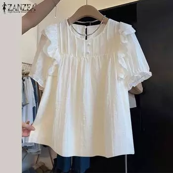 ZANZEA Женская летняя блузка с круглым вырезом и короткими рукавами в полоску с оборками