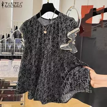 ZANZEA Женская летняя блузка с круглым вырезом и коротким рукавом с принтом S чёрный