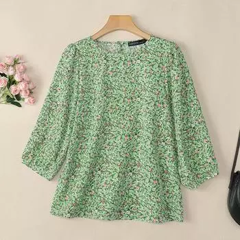 ZANZEA Женская летняя блузка с круглым вырезом, рукавами 3/4, свободного кроя, с принтом чёрный