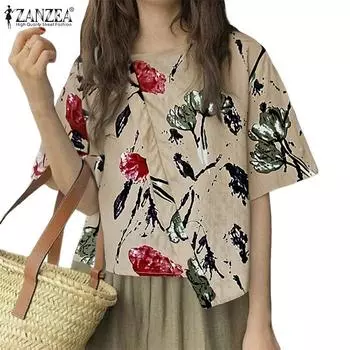 ZANZEA Женская летняя блузка с круглым вырезом и коротким рукавом, свободная с принтом S бежевый